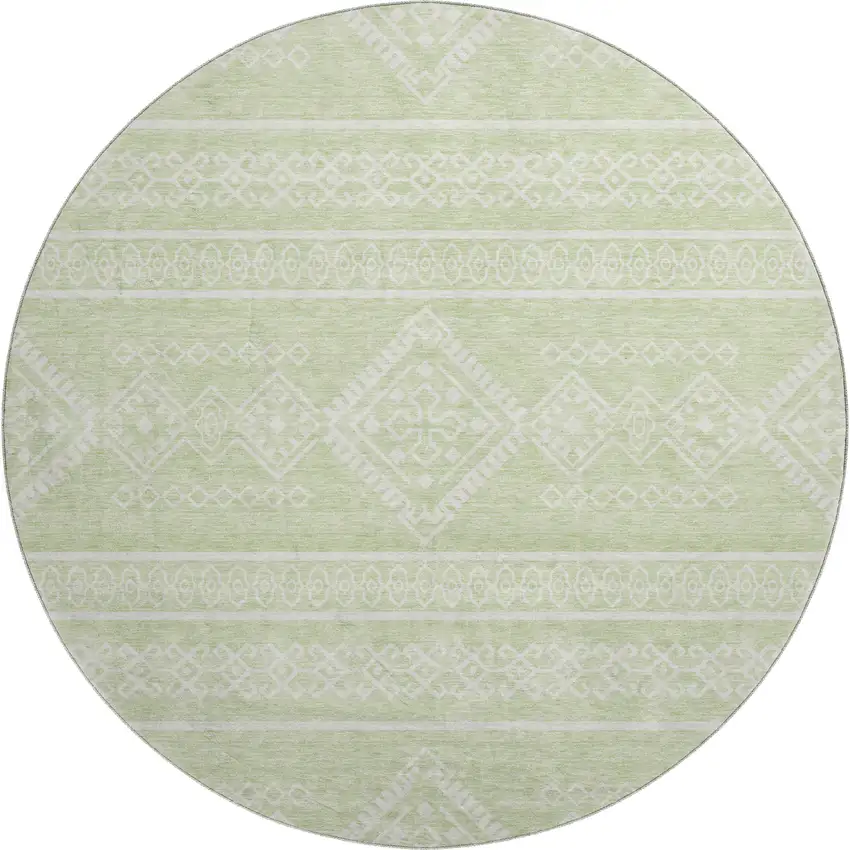8' Mint Green And Ivory Southwestern Washable Round Rug With UV Protection Photo 1