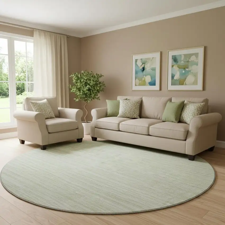 8' Mint Green And Ivory Striped Washable Round Rug With UV Protection Photo 1