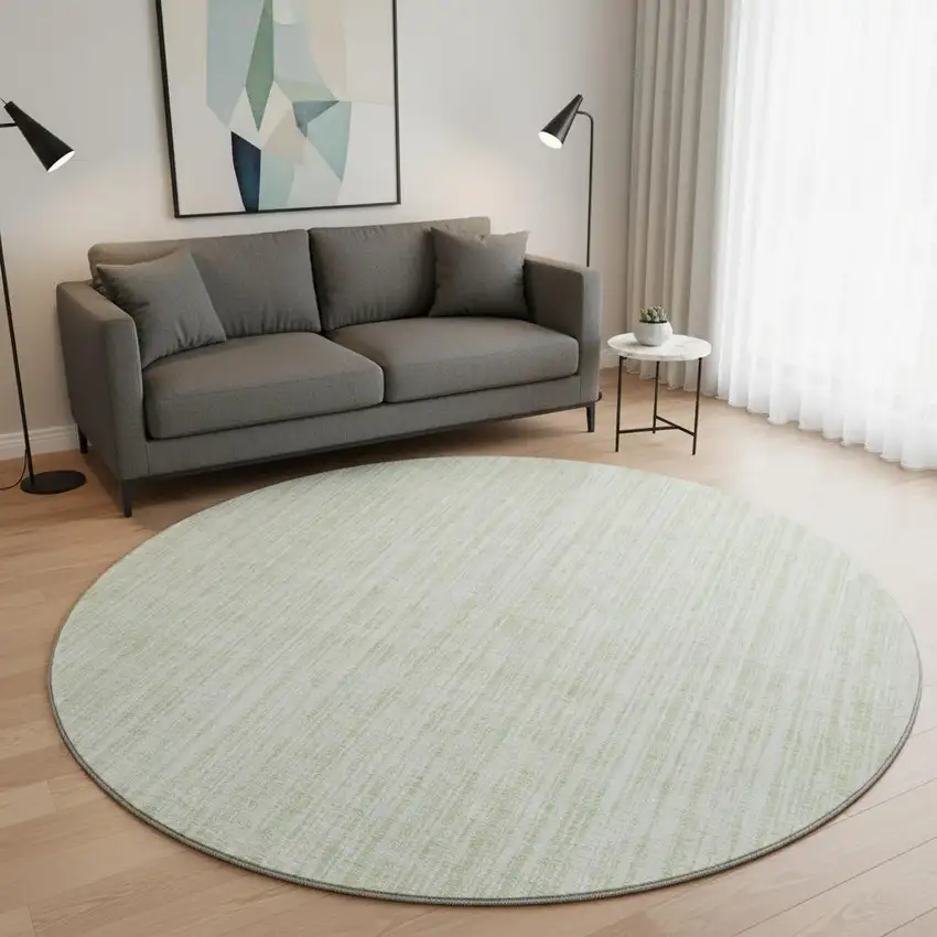 8' Mint Green And Ivory Striped Washable Round Rug With UV Protection Photo 2