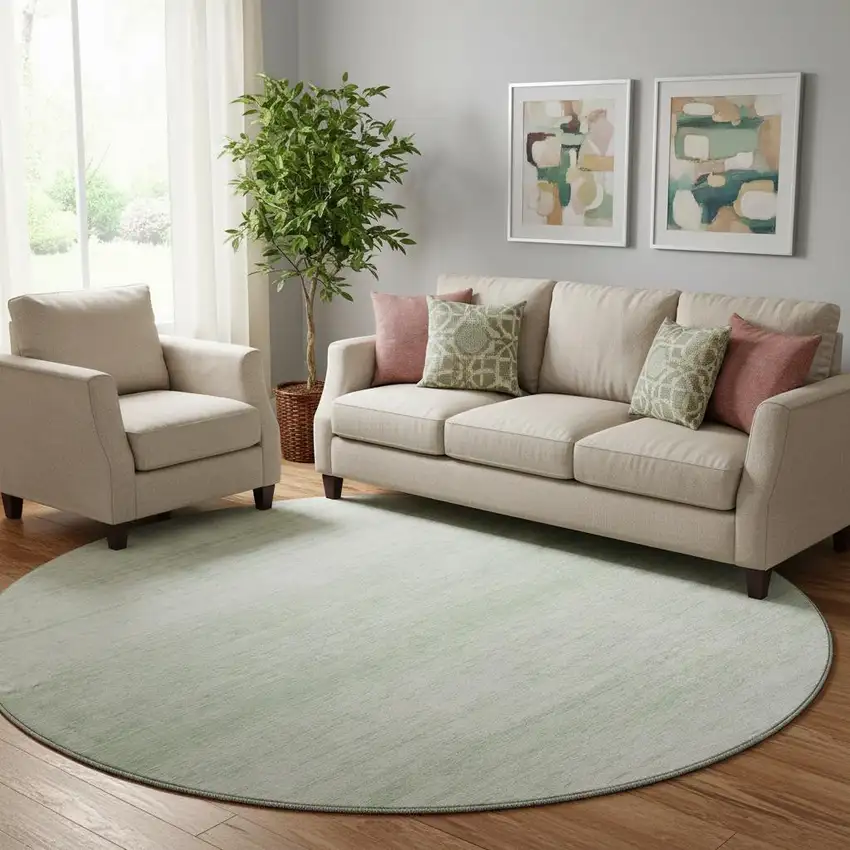 8' Mint Green And Ivory Striped Washable Round Rug With UV Protection Photo 1