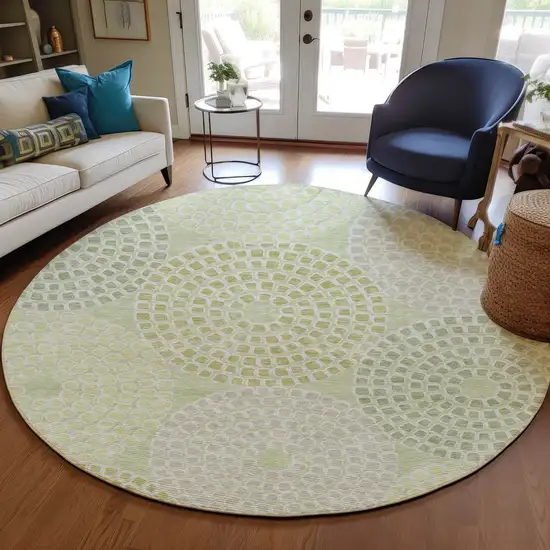8' Mint Green And Light Purple Round Geometric Washable Indoor Outdoor Area Rug Photo 8