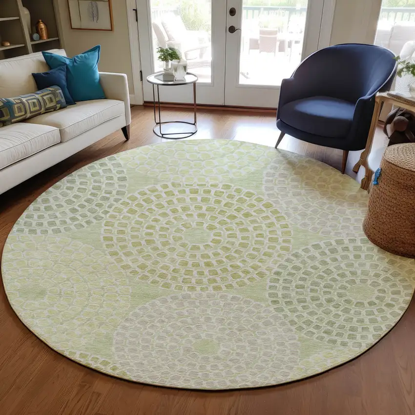 8' Mint Green And Light Purple Round Geometric Washable Indoor Outdoor Area Rug Photo 8