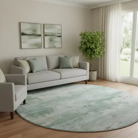8' Mint Green And Pale Aqua Abstract Washable Round Rug With UV Protection Photo 2