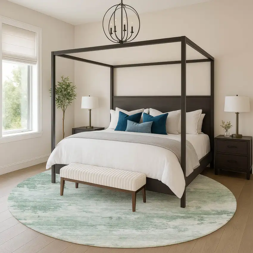 8' Mint Green And Pale Aqua Abstract Washable Round Rug With UV Protection Photo 5