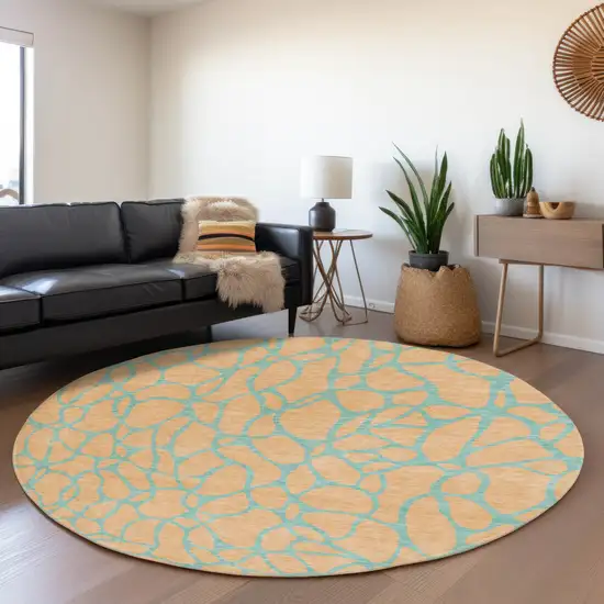 8' Mint Green And Peach Geometric Washable Round Rug With UV Protection Photo 4