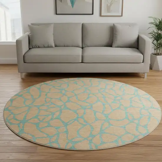 8' Mint Green And Peach Geometric Washable Round Rug With UV Protection Photo 2