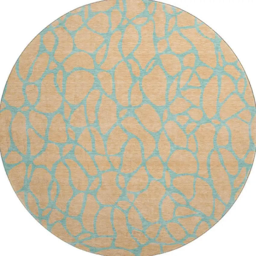 8' Mint Green And Peach Geometric Washable Round Rug With UV Protection Photo 3