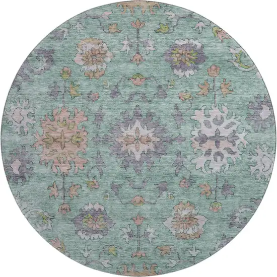 8' Mint Green And Peach Oriental Washable Round Rug With UV Protection Photo 1