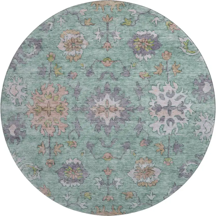 8' Mint Green And Peach Oriental Washable Round Rug With UV Protection Photo 1