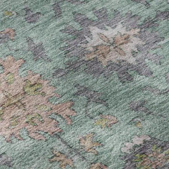 8' Mint Green And Peach Oriental Washable Round Rug With UV Protection Photo 7