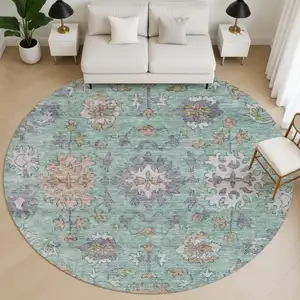 Photo of 8' Mint Green And Peach Oriental Washable Round Rug With UV Protection