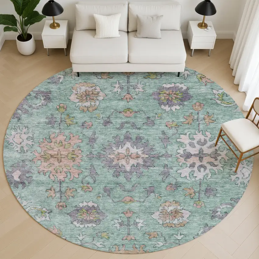 8' Mint Green And Peach Oriental Washable Round Rug With UV Protection Photo 5
