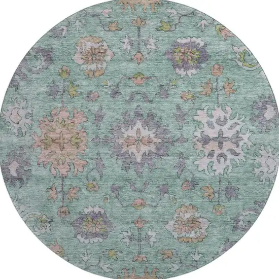 8' Mint Green And Peach Oriental Washable Round Rug With UV Protection Photo 4