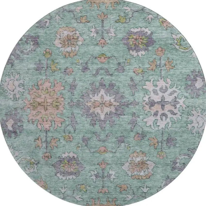8' Mint Green And Peach Oriental Washable Round Rug With UV Protection Photo 4