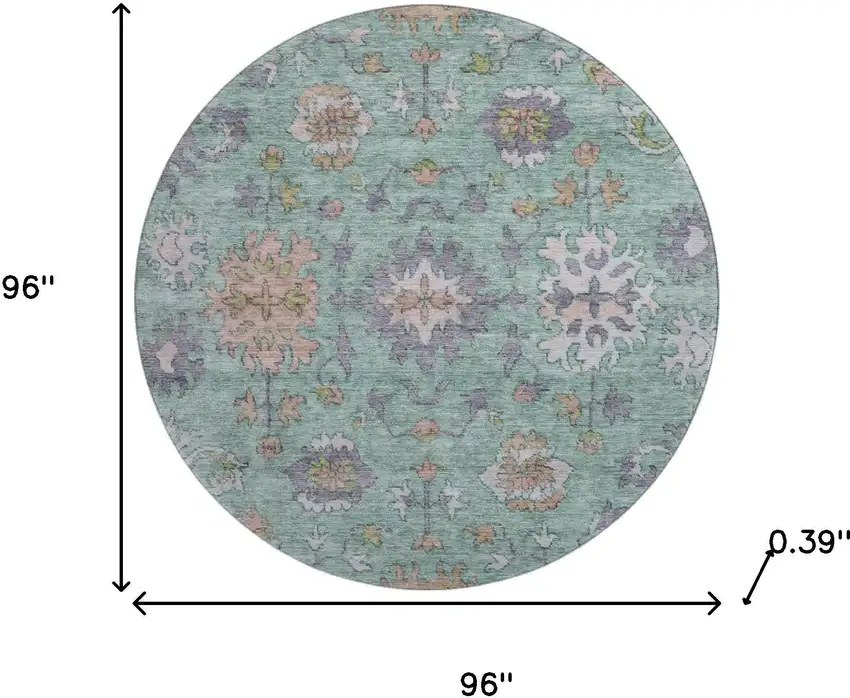 8' Mint Green And Peach Oriental Washable Round Rug With UV Protection Photo 8