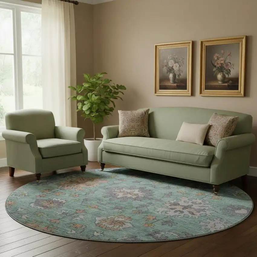 8' Mint Green And Peach Oriental Washable Round Rug With UV Protection Photo 2