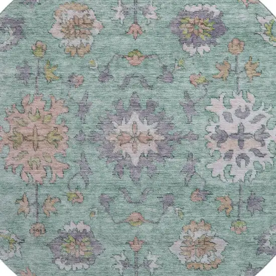 8' Mint Green And Peach Oriental Washable Round Rug With UV Protection Photo 3