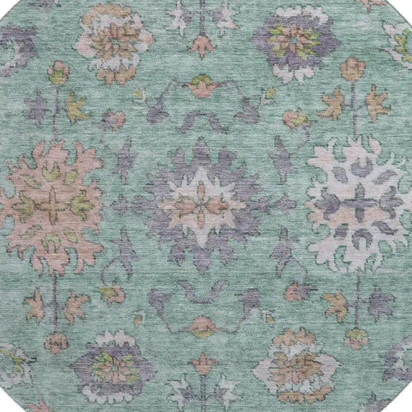 8' Mint Green And Peach Oriental Washable Round Rug With UV Protection Photo 3