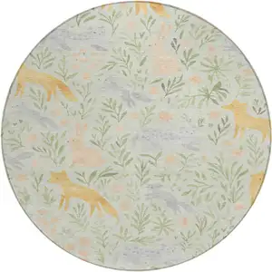 Photo of 8' Mint Green And Pink Round Botanical Leaves Washable Indoor Outdoor Area Rug