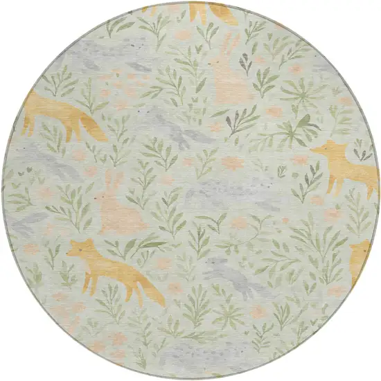 8' Mint Green And Pink Round Botanical Leaves Washable Indoor Outdoor Area Rug Photo 1