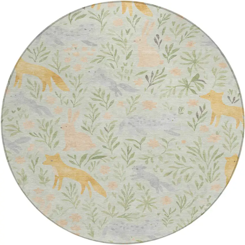 8' Mint Green And Pink Round Botanical Leaves Washable Indoor Outdoor Area Rug Photo 1