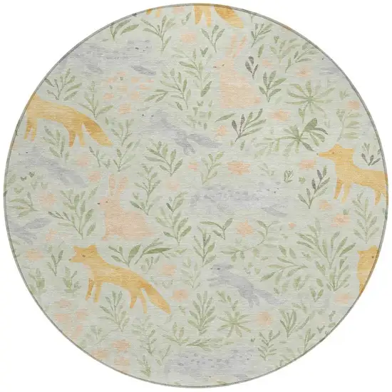 8' Mint Green And Pink Round Botanical Leaves Washable Indoor Outdoor Area Rug Photo 3