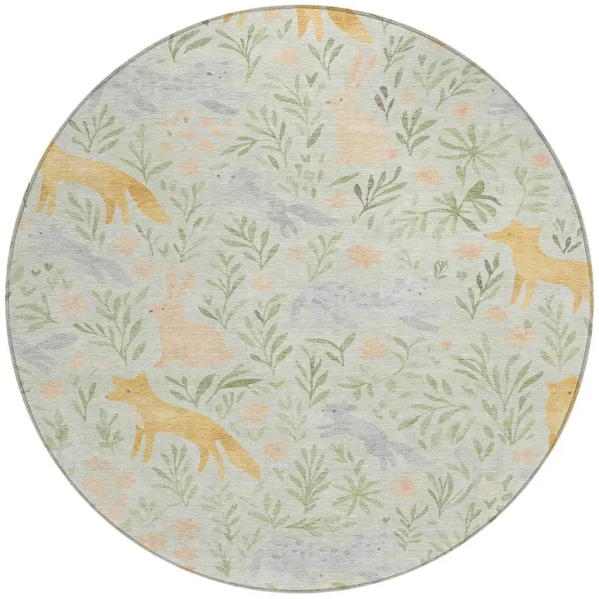 8' Mint Green And Pink Round Botanical Leaves Washable Indoor Outdoor Area Rug Photo 3