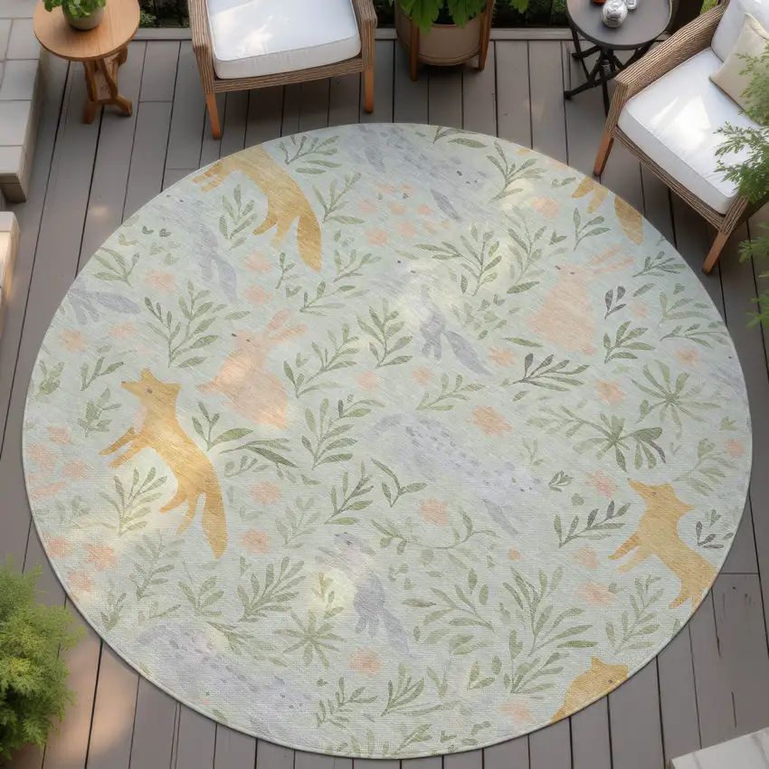 8' Mint Green And Pink Round Botanical Leaves Washable Indoor Outdoor Area Rug Photo 4