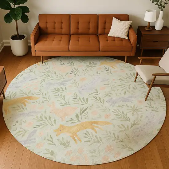 8' Mint Green And Pink Round Botanical Leaves Washable Indoor Outdoor Area Rug Photo 5