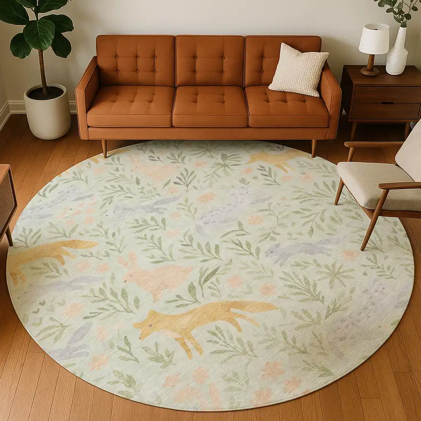8' Mint Green And Pink Round Botanical Leaves Washable Indoor Outdoor Area Rug Photo 5
