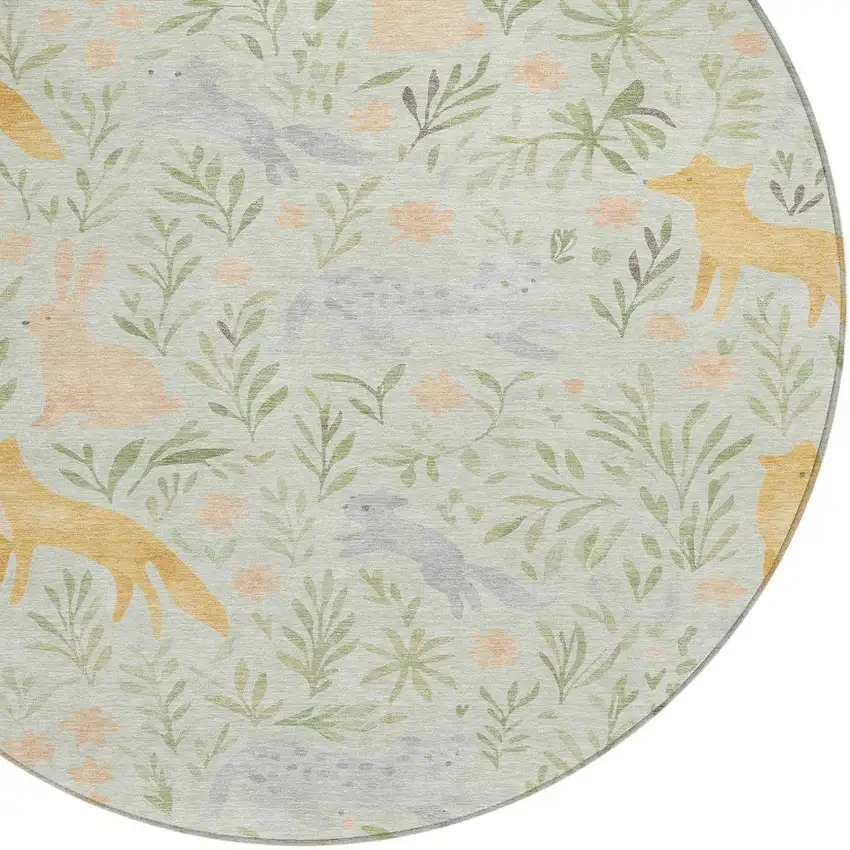 8' Mint Green And Pink Round Botanical Leaves Washable Indoor Outdoor Area Rug Photo 2