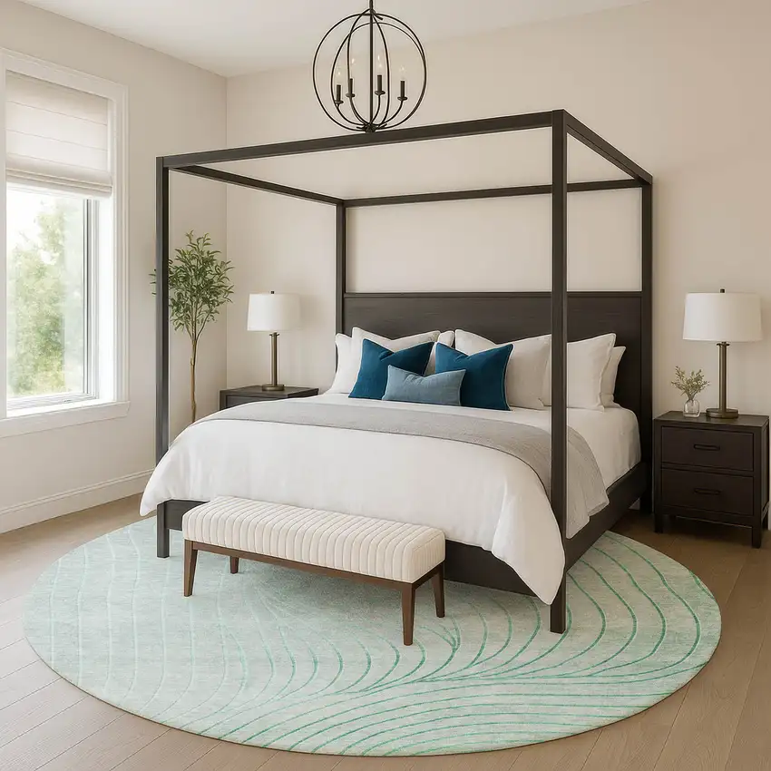 8' Mint Green And Silver Abstract Washable Round Rug With UV Protection Photo 5