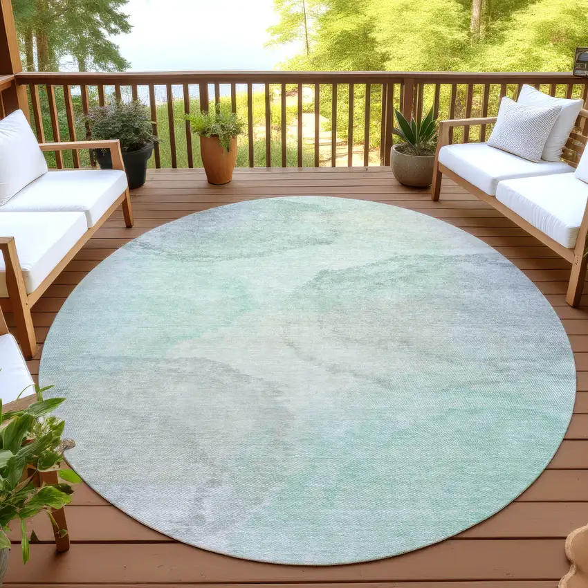 8' Mint Green And Teal Blue Round Abstract Washable Indoor Outdoor Area Rug Photo 4