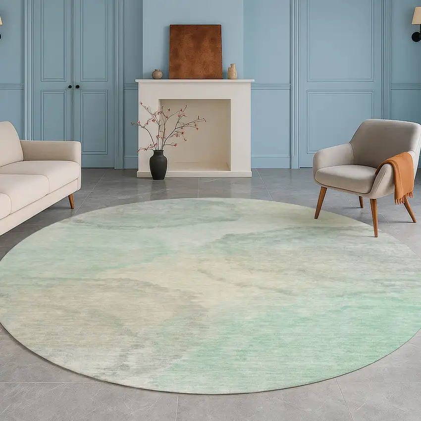 8' Mint Green And Teal Blue Round Abstract Washable Indoor Outdoor Area Rug Photo 5