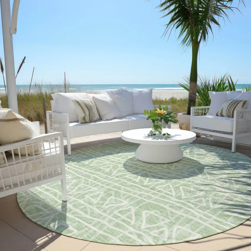 8' Mint Green Artichoke Green And Ivory Round Geometric Washable Indoor Outdoor Area Rug Photo 7