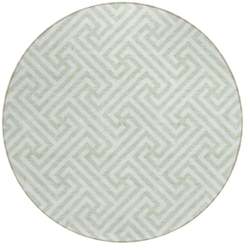 8' Mint Green Artichoke Green And Ivory Round Geometric Washable Indoor Outdoor Area Rug Photo 6
