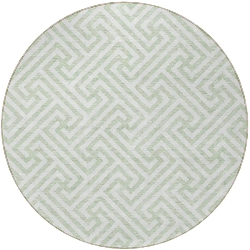 8' Mint Green Artichoke Green And Ivory Round Geometric Washable Indoor Outdoor Area Rug Photo 6