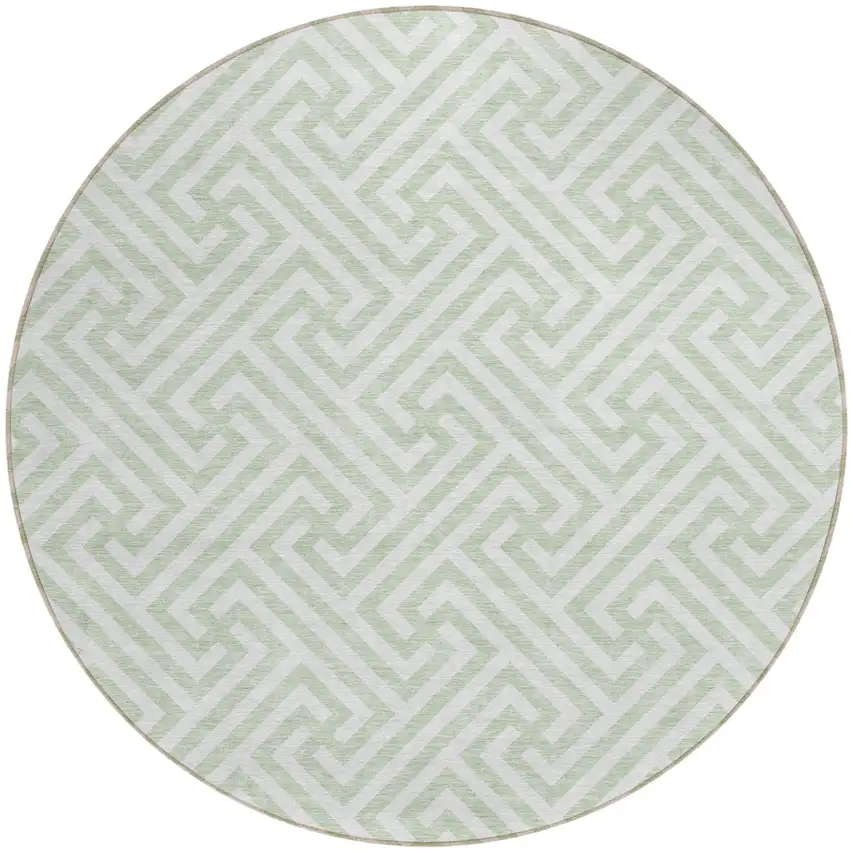 8' Mint Green Artichoke Green And Ivory Round Geometric Washable Indoor Outdoor Area Rug Photo 2