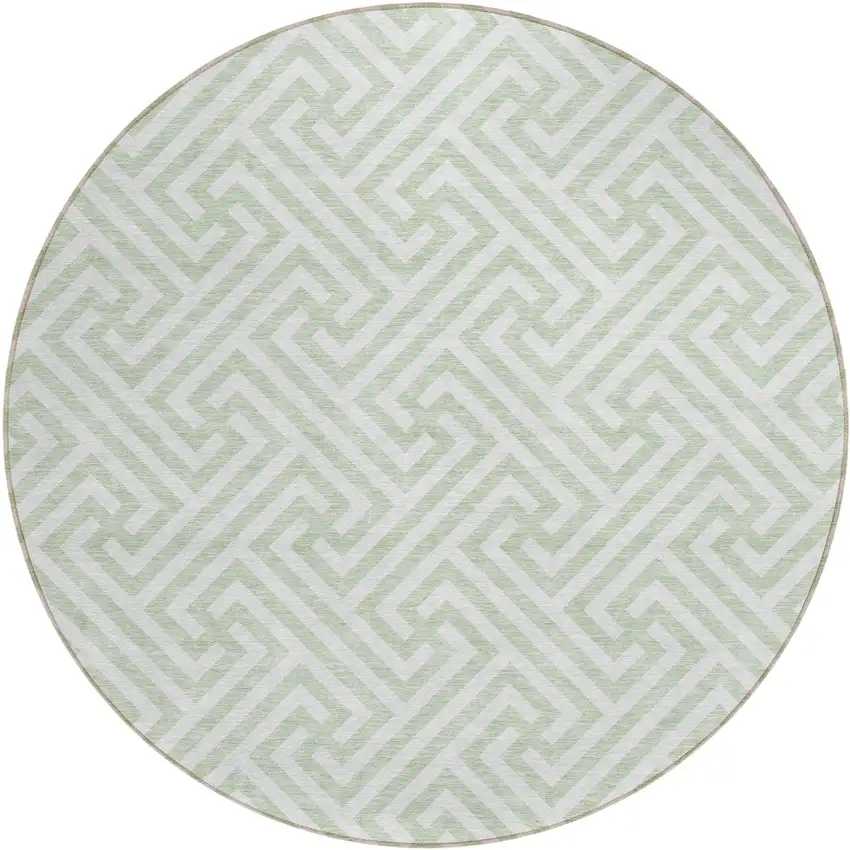 8' Mint Green Artichoke Green And Ivory Round Geometric Washable Indoor Outdoor Area Rug Photo 2