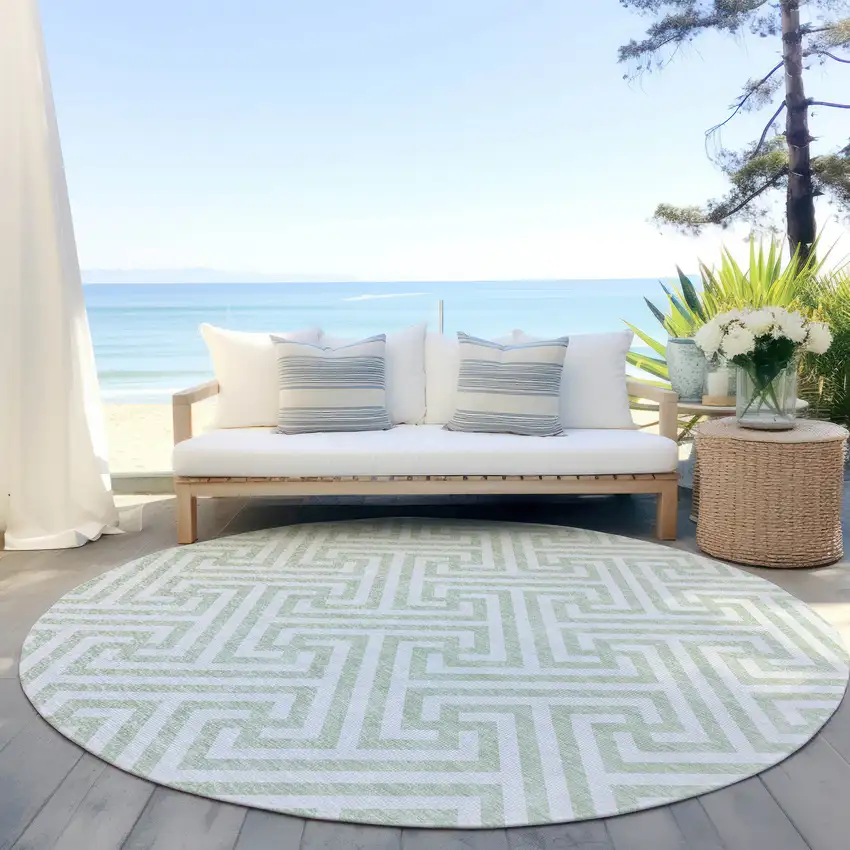 8' Mint Green Artichoke Green And Ivory Round Geometric Washable Indoor Outdoor Area Rug Photo 7