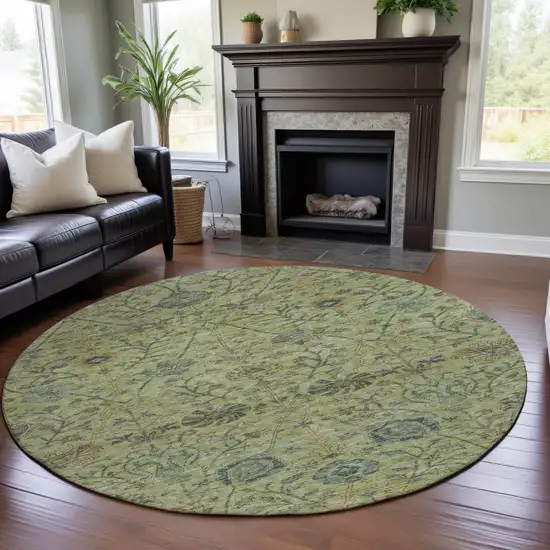 8' Mint Green Beige And Teal Floral Washable Round Rug With UV Protection Photo 4