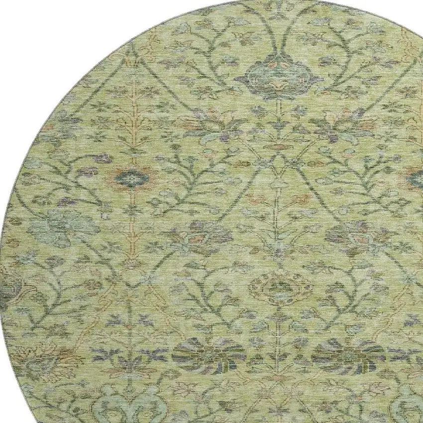 8' Mint Green Beige And Teal Floral Washable Round Rug With UV Protection Photo 2