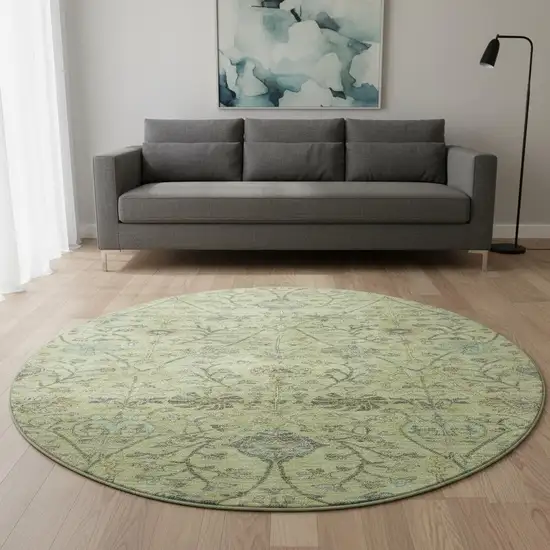 8' Mint Green Beige And Teal Floral Washable Round Rug With UV Protection Photo 2