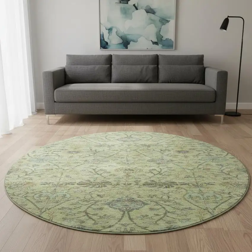 8' Mint Green Beige And Teal Floral Washable Round Rug With UV Protection Photo 2