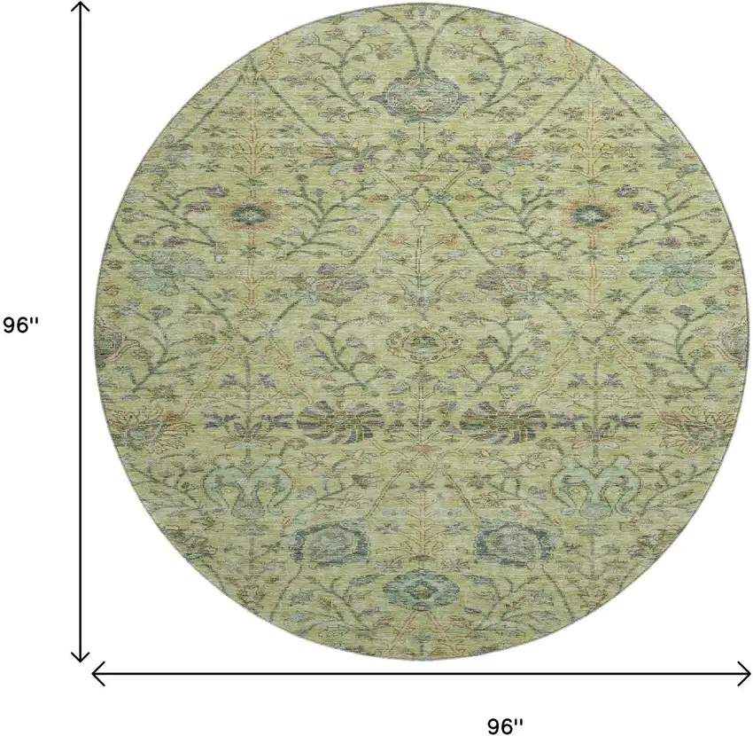 8' Mint Green Beige And Teal Floral Washable Round Rug With UV Protection Photo 9
