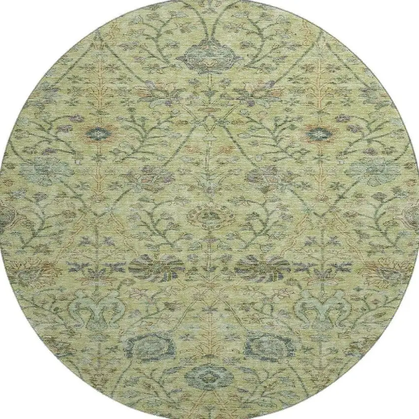 8' Mint Green Beige And Teal Floral Washable Round Rug With UV Protection Photo 3