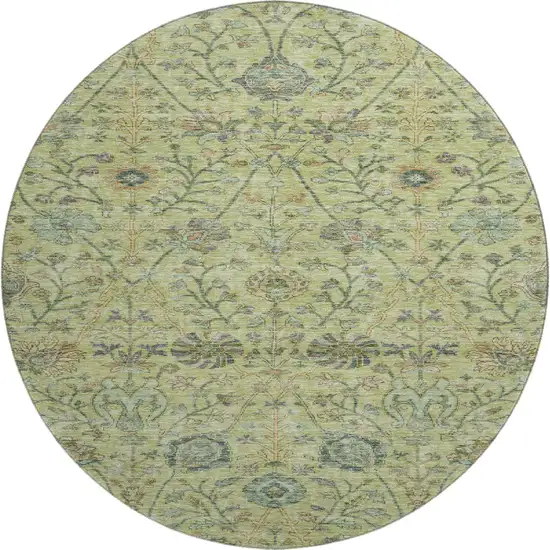 8' Mint Green Beige And Teal Floral Washable Round Rug With UV Protection Photo 1