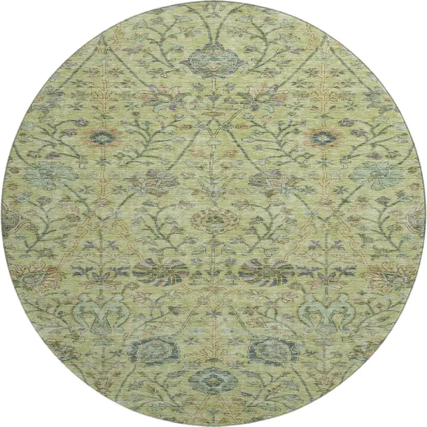 8' Mint Green Beige And Teal Floral Washable Round Rug With UV Protection Photo 1