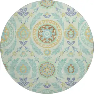 Photo of 8' Mint Green Blue And Beige Floral Washable Round Rug With UV Protection