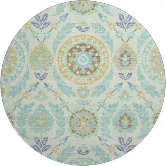 8' Mint Green Blue And Beige Floral Washable Round Rug With UV Protection Photo 1